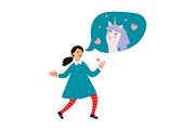 Cute girl dreams about unicorn