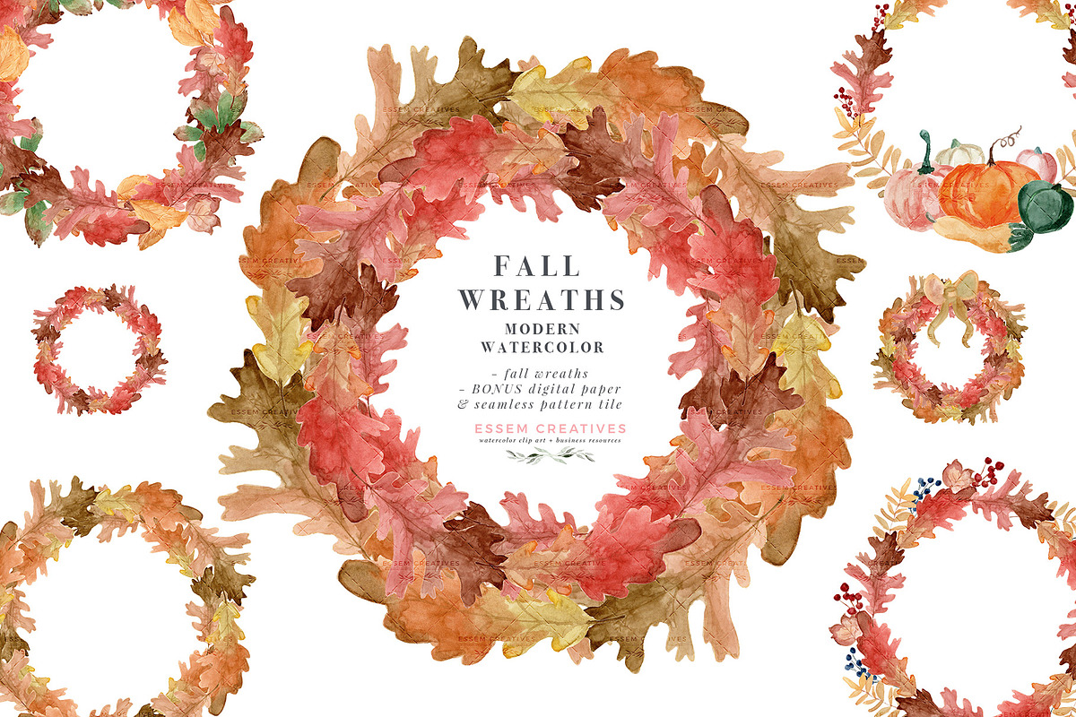 Fall Wreath Watercolor Foliage PNG in Illustrations - product preview 8