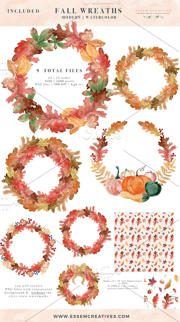 Fall Wreath Watercolor Foliage PNG in Illustrations - product preview 1