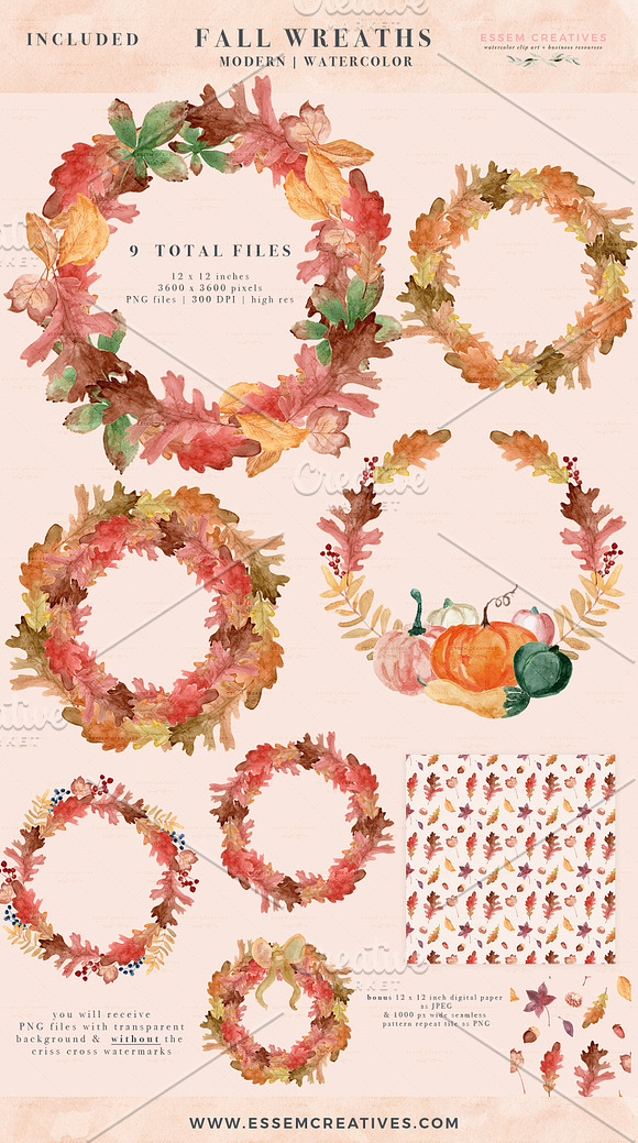 Fall Wreath Watercolor Foliage PNG in Illustrations - product preview 2