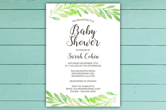 Green Leaf Baby Shower Invite Set in Invitation Templates - product preview 2