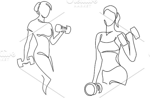 Woman lifting weights one line art