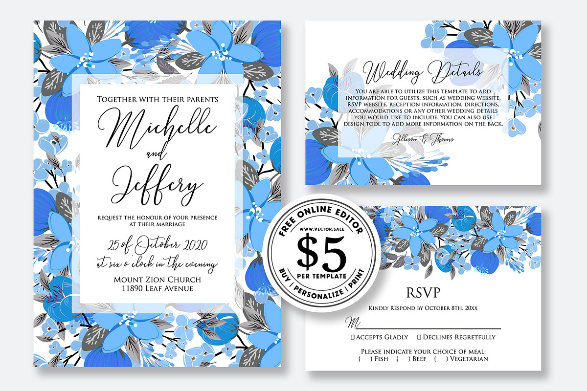 Wedding invitation blue floral in Wedding Templates - product preview 8