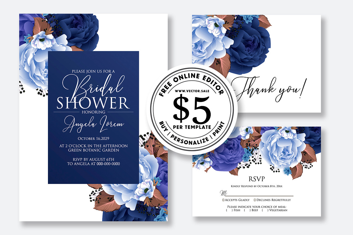 Wedding Invitation navy blue peony in Wedding Templates - product preview 8