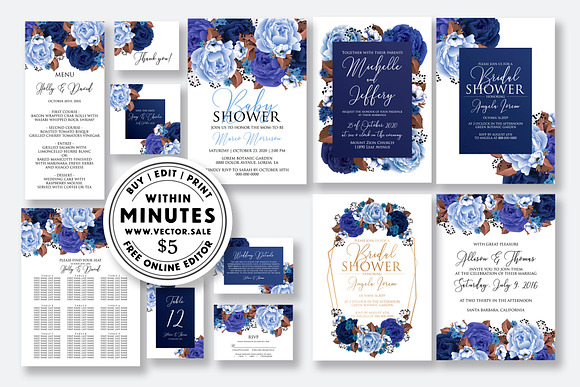 Wedding Invitation navy blue peony in Wedding Templates - product preview 1