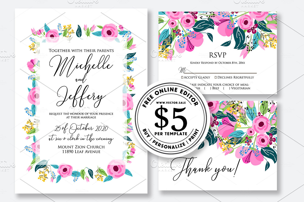 Wedding invitation pink flower in Wedding Templates - product preview 8