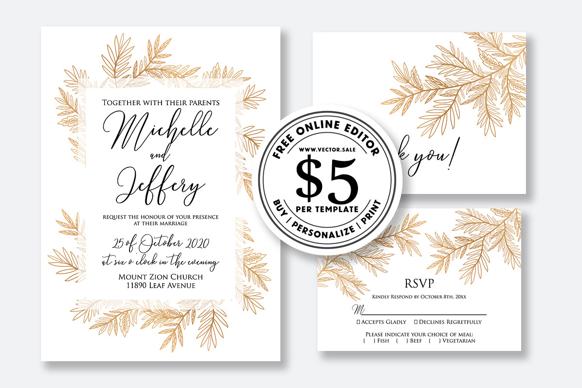 Wedding invitation gold pampas grass in Wedding Templates - product preview 8