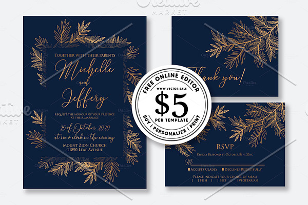 Wedding invitation foil gold blue