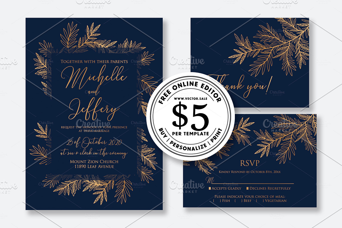 Wedding invitation foil gold blue in Wedding Templates - product preview 8