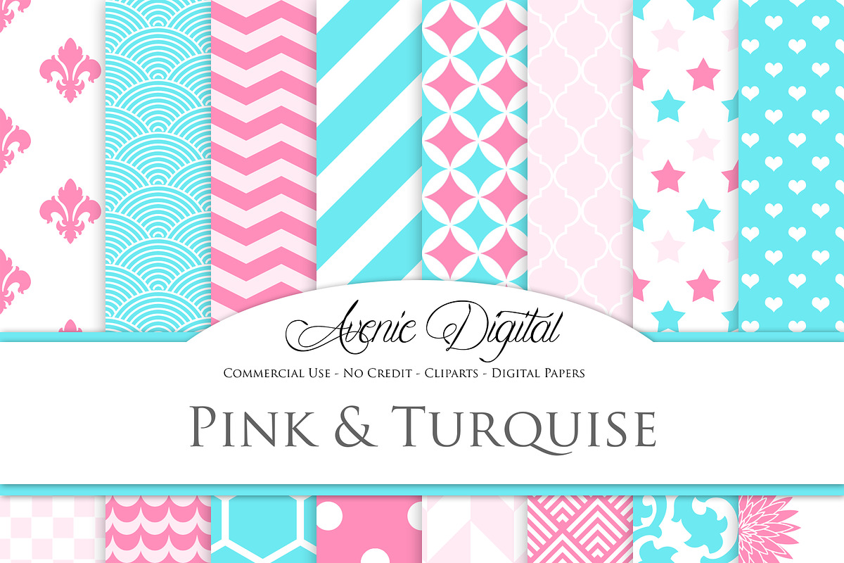 Turquoise and Pink Digital Paper in Patterns - product preview 8