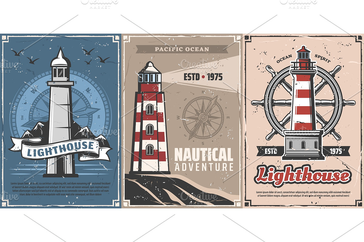 Nautical lighthouses, compass in Illustrations - product preview 8