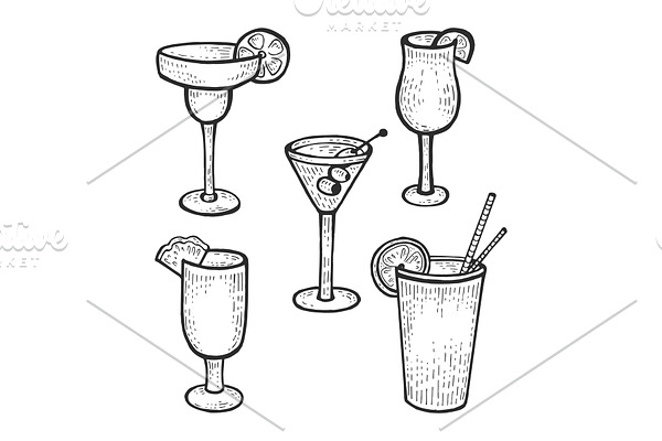 Cocktail glasses set sketch engravin