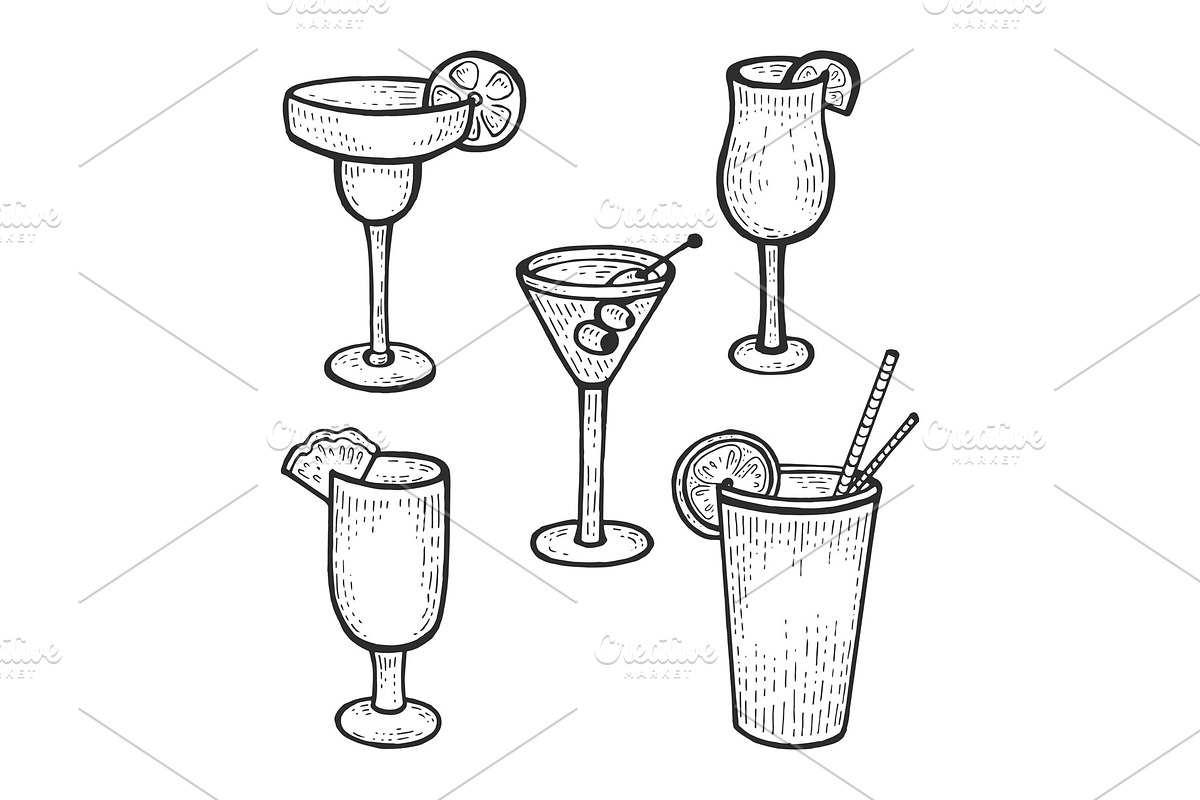 Cocktail glasses set sketch engravin in Graphics - product preview 8