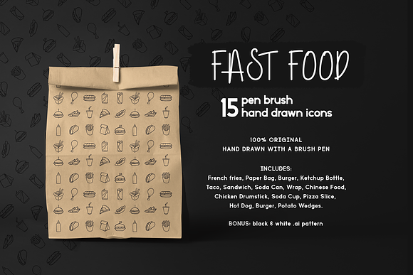 Pen Brush Hand Drawn Fast Food Set in Objects - product preview 3