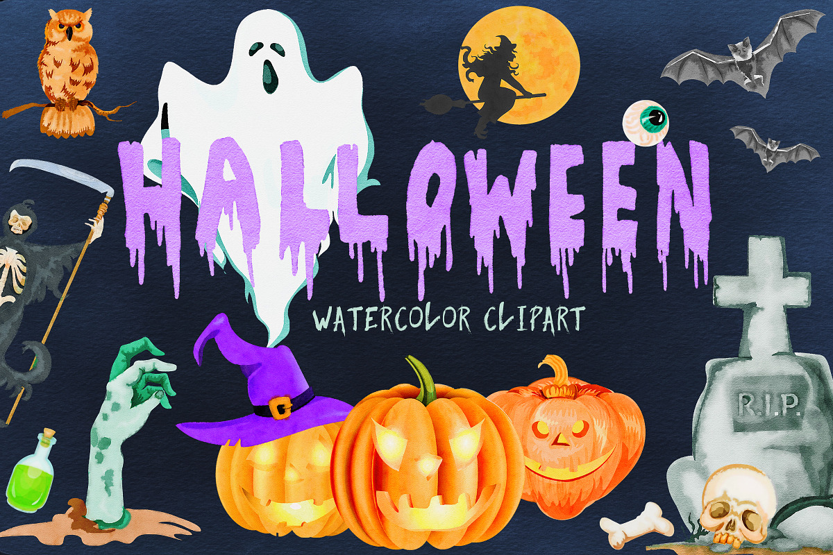 Watercolor Halloween Clipart in Graphics - product preview 8