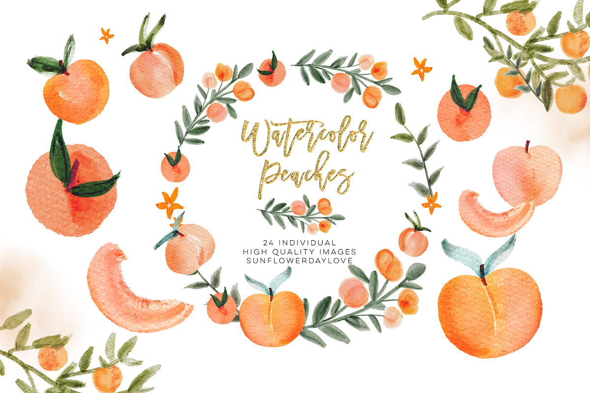 Watercolor Peach Clip Art in Illustrations - product preview 8