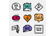 Set of colorful hand drawn sale tags