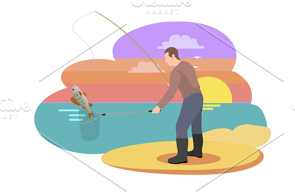 Fisherman with Fishing Rod Vector