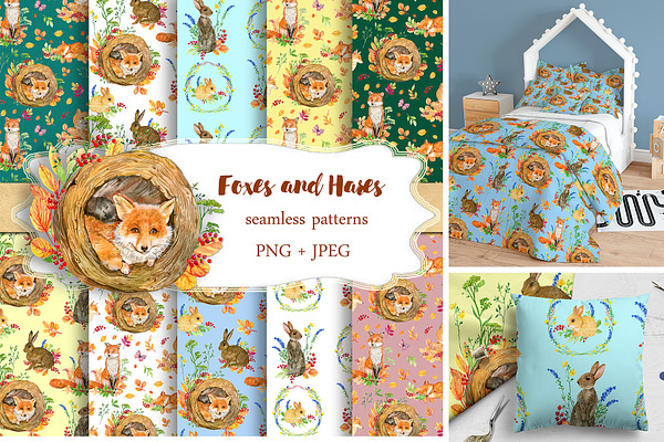 Foxes and hares.  seamless patterns