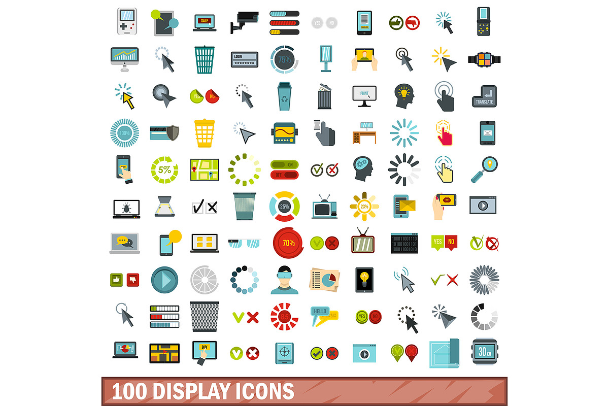 100 display icons set, flat style in Illustrations - product preview 8