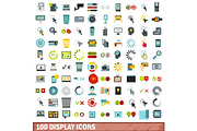 100 display icons set, flat style