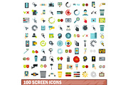 100 screen icons set, flat style