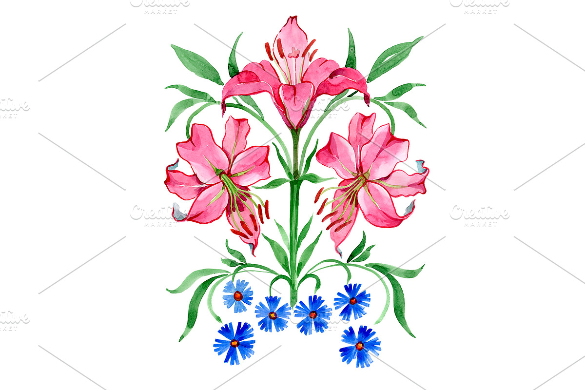 Ornament red lilies watercolor png in Illustrations - product preview 8