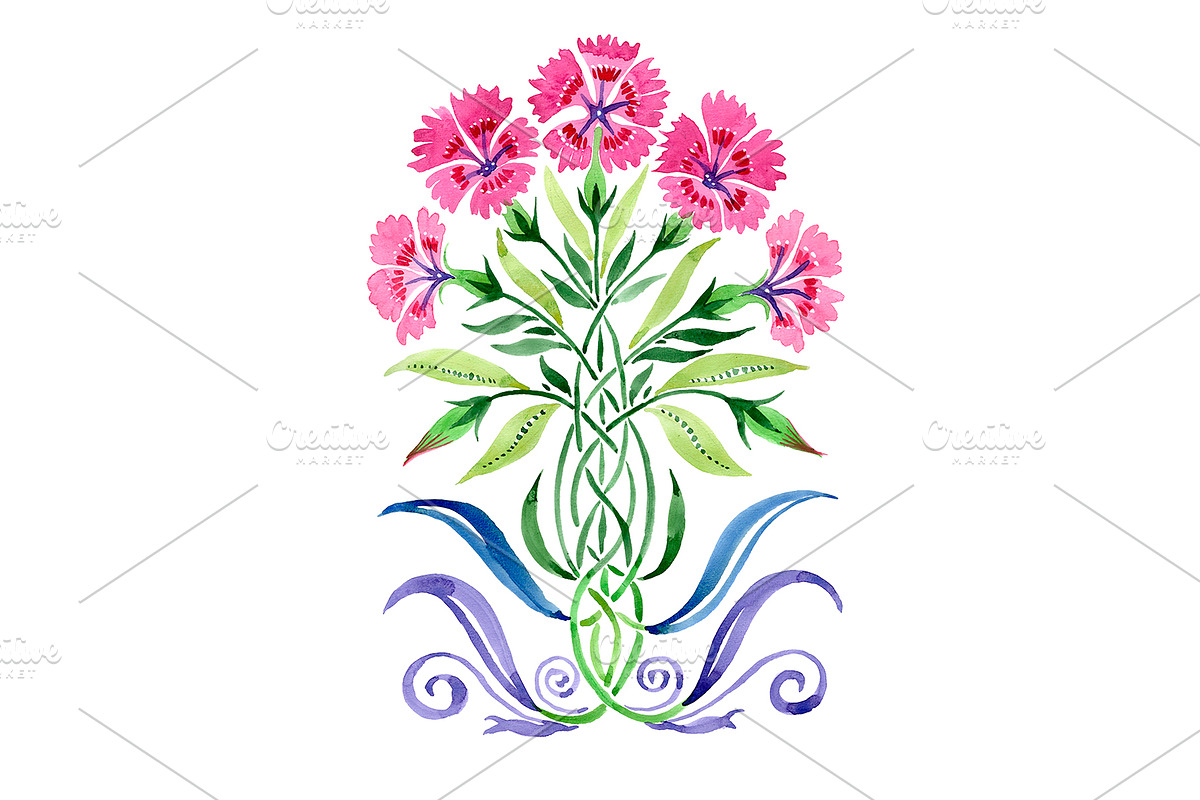 Ornament Carnations pink watercolor in Illustrations - product preview 8