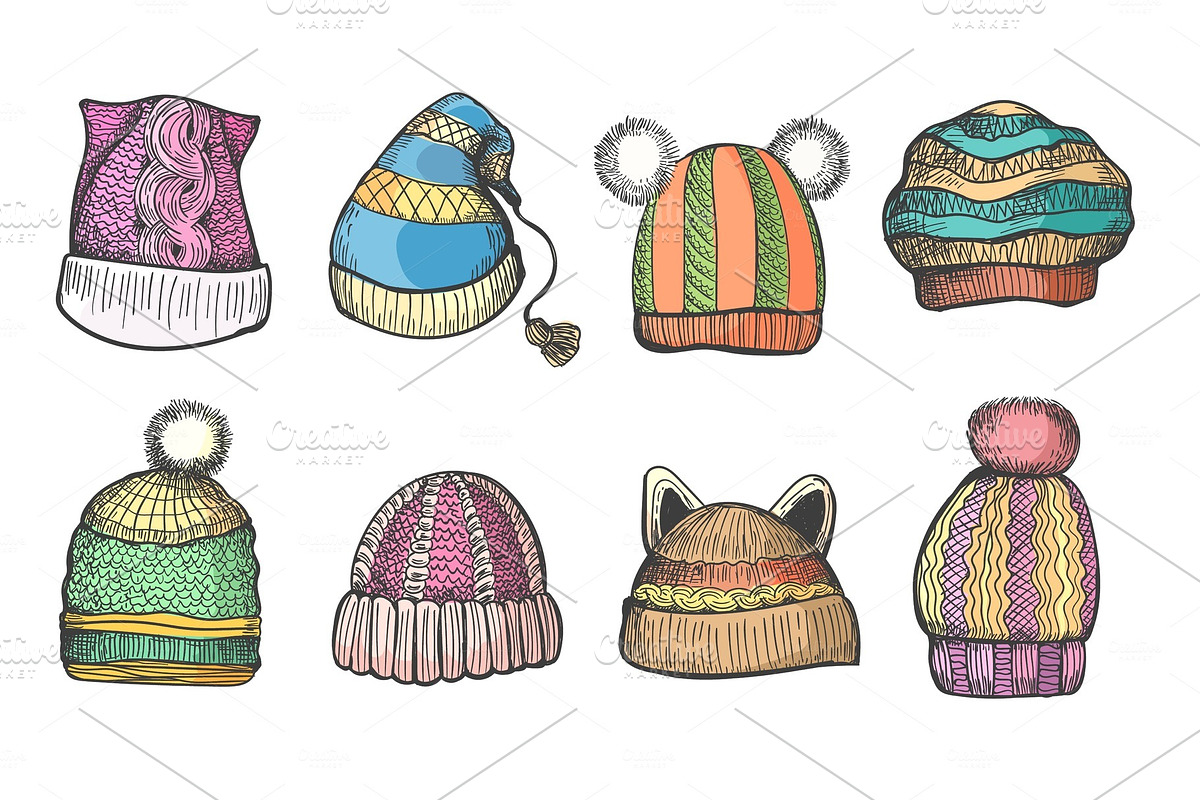 Knitting caps sketch set in Illustrations - product preview 8