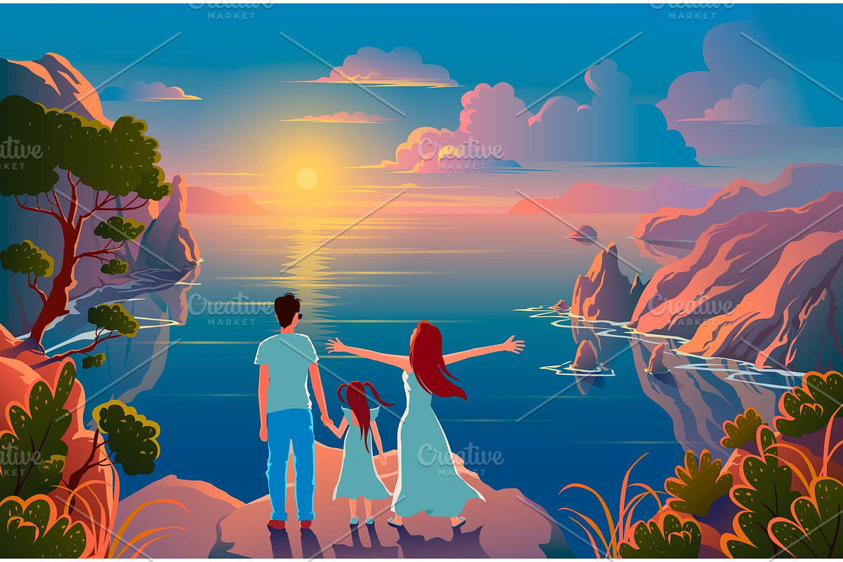 Family stand on the edge of a cliff in Illustrations - product preview 8