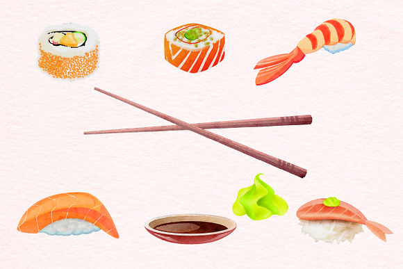 Watercolor Sushi Clipart in Graphics - product preview 2