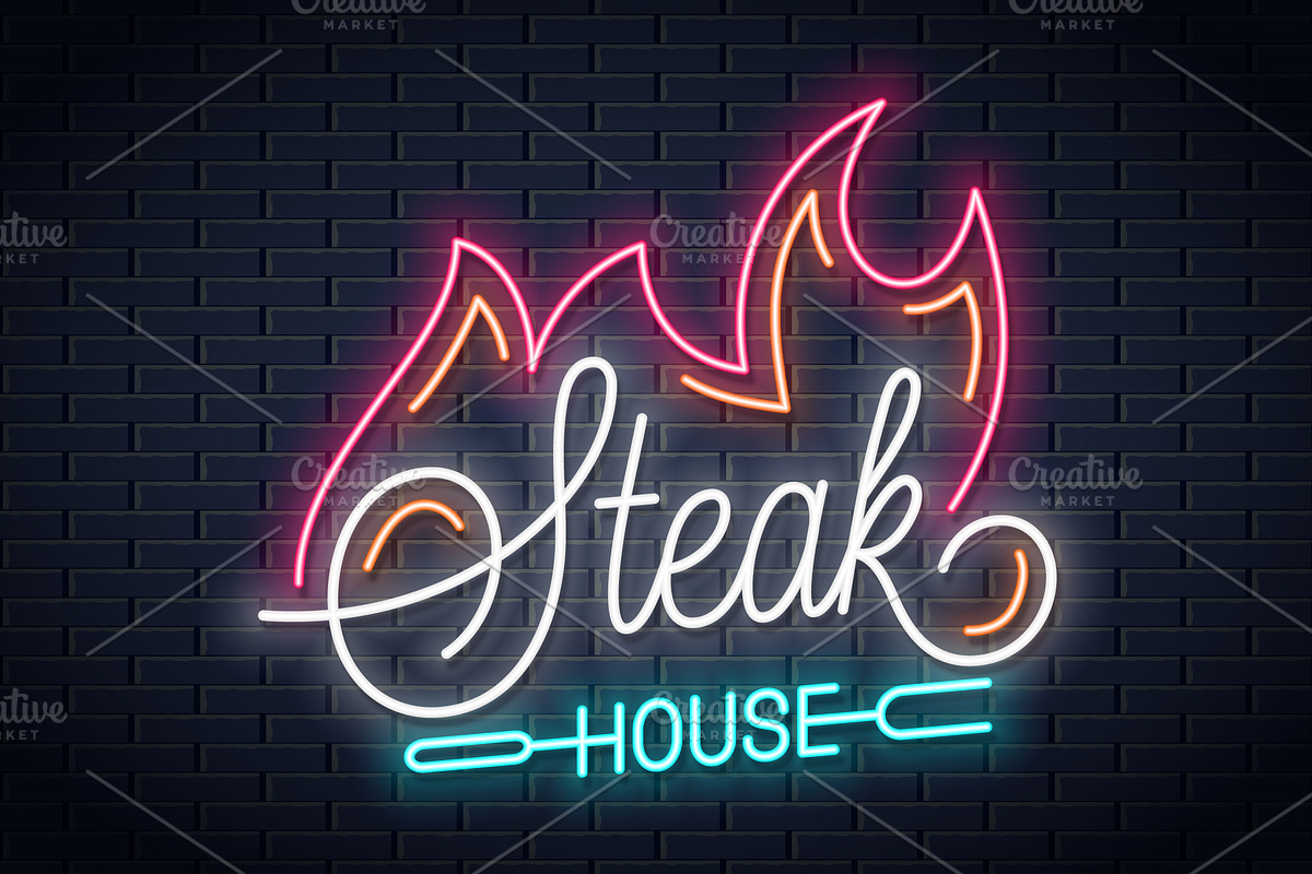Steak house neon logo with fire. in Logo Templates - product preview 8