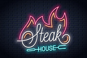 Steak house neon logo with fire.