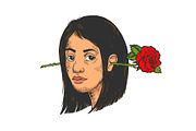 Woman with rose in ear color sketch
