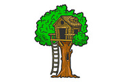 Tree house color sketch engraving
