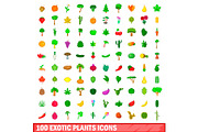 100 exotic plants icons set, cartoon
