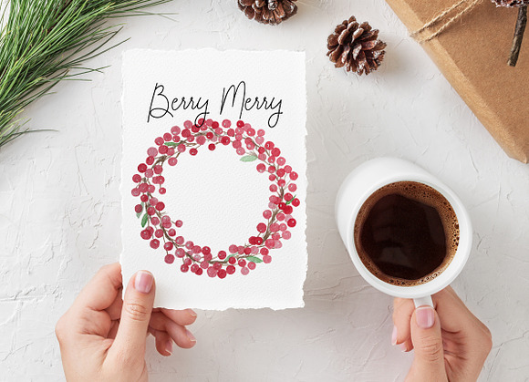 Watercolor Red Berry Wreath in Illustrations - product preview 5