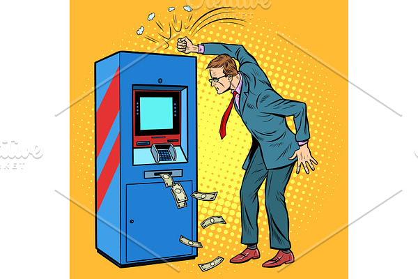 the damaged ATM and the angry man