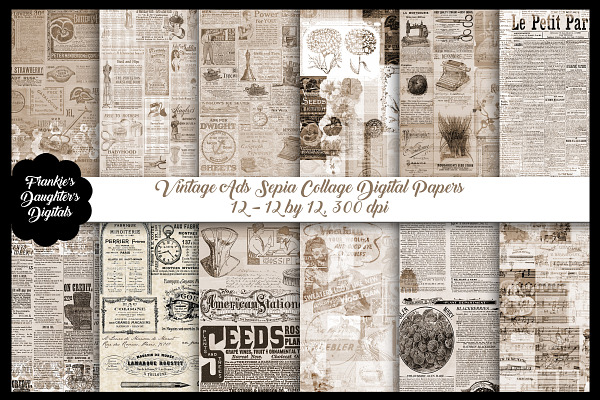 Vintage Ads Collage Sepia Papers