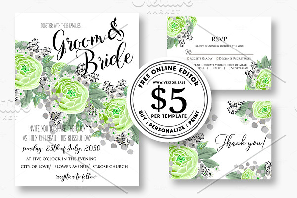 Wedding invitation green rose