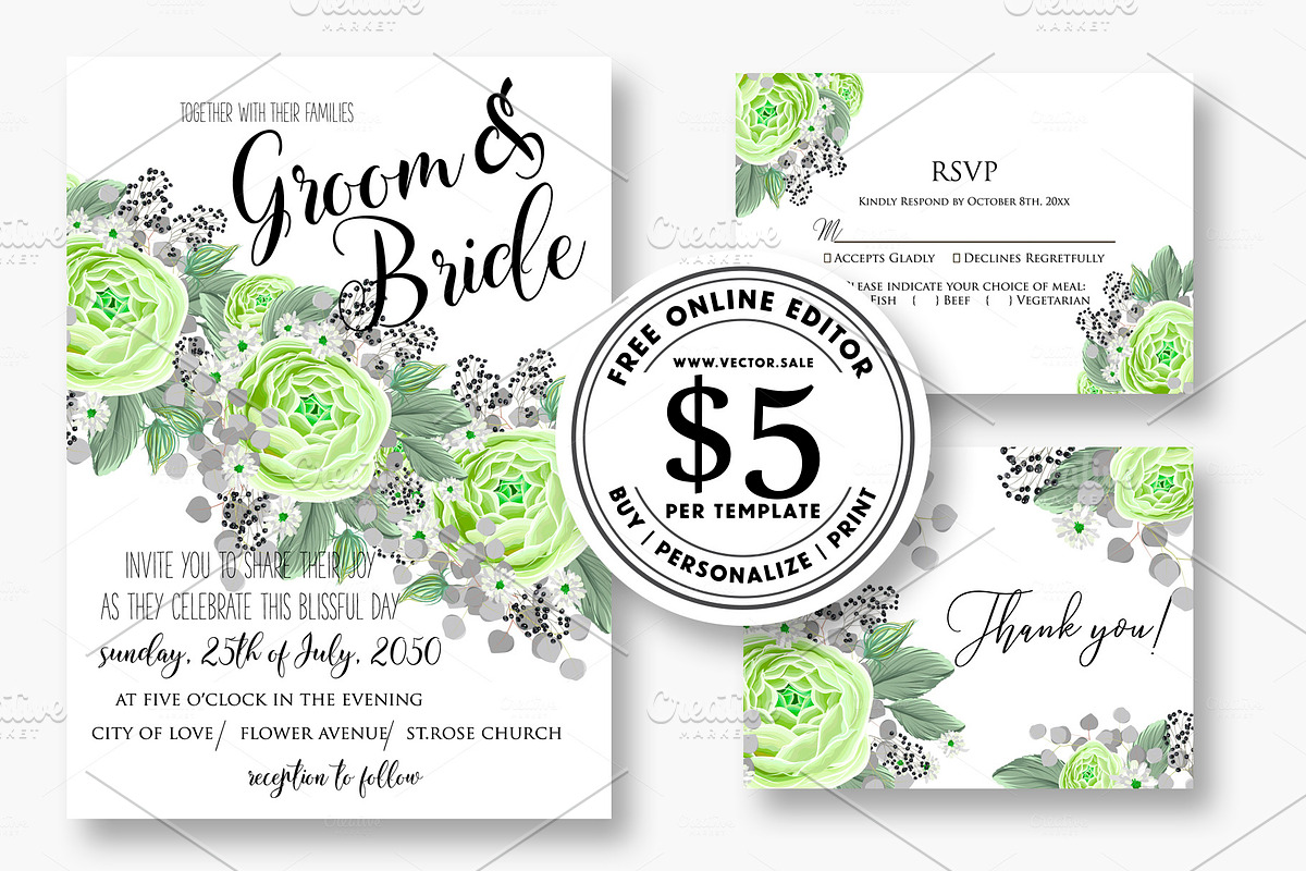Wedding invitation green rose in Wedding Templates - product preview 8
