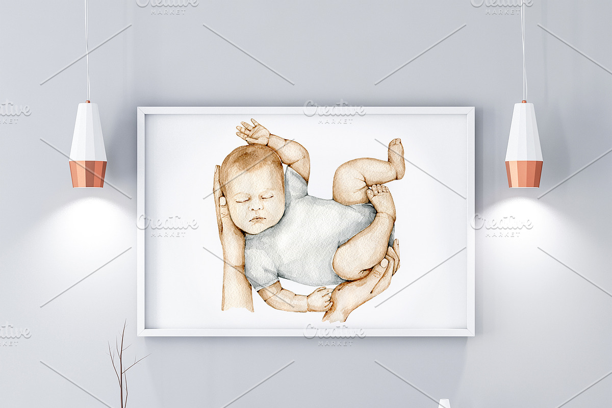Sleeping Newborn Baby Watercolor in Objects - product preview 8