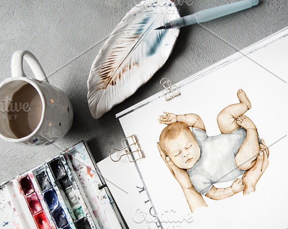 Sleeping Newborn Baby Watercolor in Objects - product preview 1
