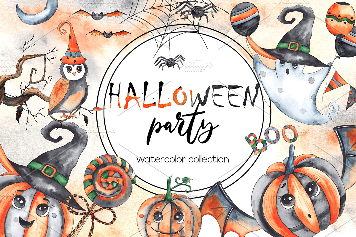 Halloween party. Watercolor set in Objects - product preview 8