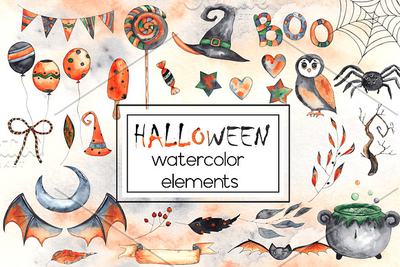Halloween party. Watercolor set in Objects - product preview 10