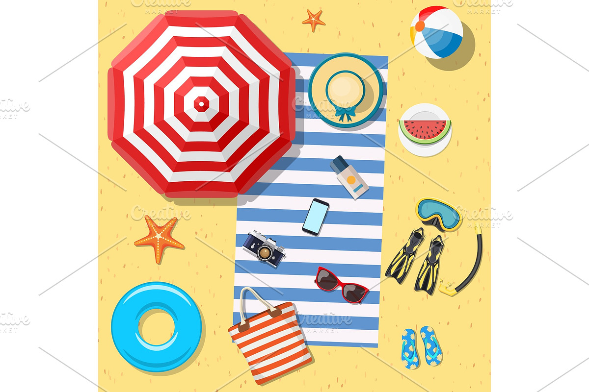 Beach Accessories top view on sand. in Illustrations - product preview 8