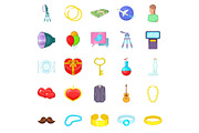 Love icons set, cartoon style