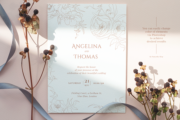 Floral line art wedding suite in Wedding Templates - product preview 1