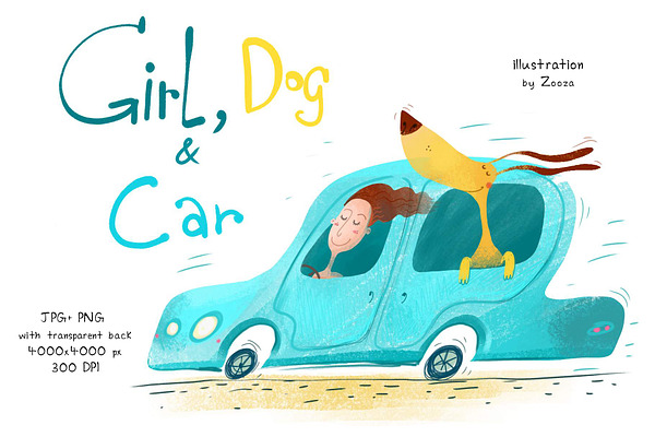 Girl, Dog and Car - illustration