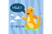 Baby dragon with text hello banner
